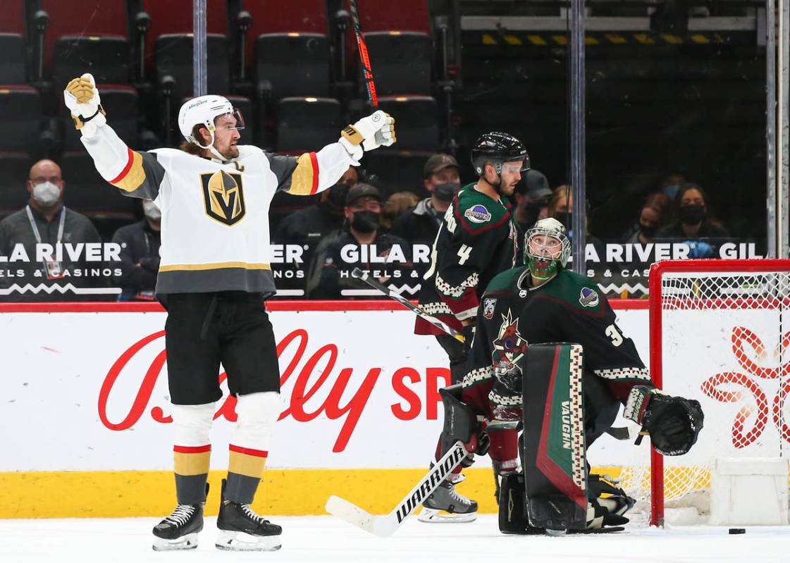 Golden Knights' Mark Stone (61) celebrates after an overtime win against the Arizona Coyotes in ...