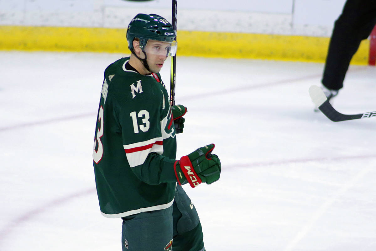 Minnesota Wild center Nick Bonino (13) celebrates his goal against the Vegas Golden Knights in ...