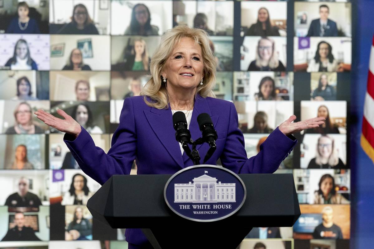 First lady Jill Biden speaks at a virtual event with military families from around the world as ...