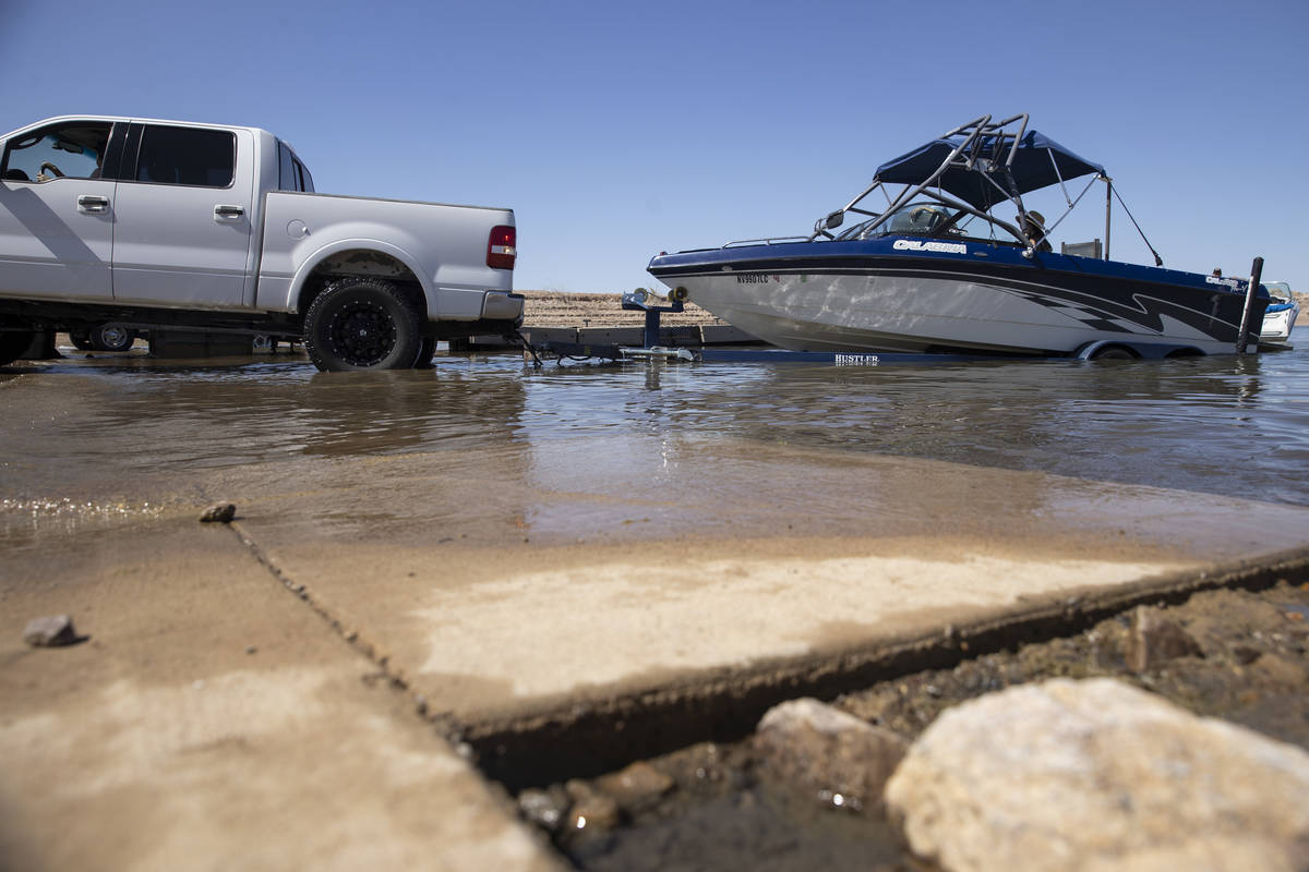 A boat is moved to the water at Hemenway Harbor in Boulder City, Wednesday, May 5, 2021. (Erik ...