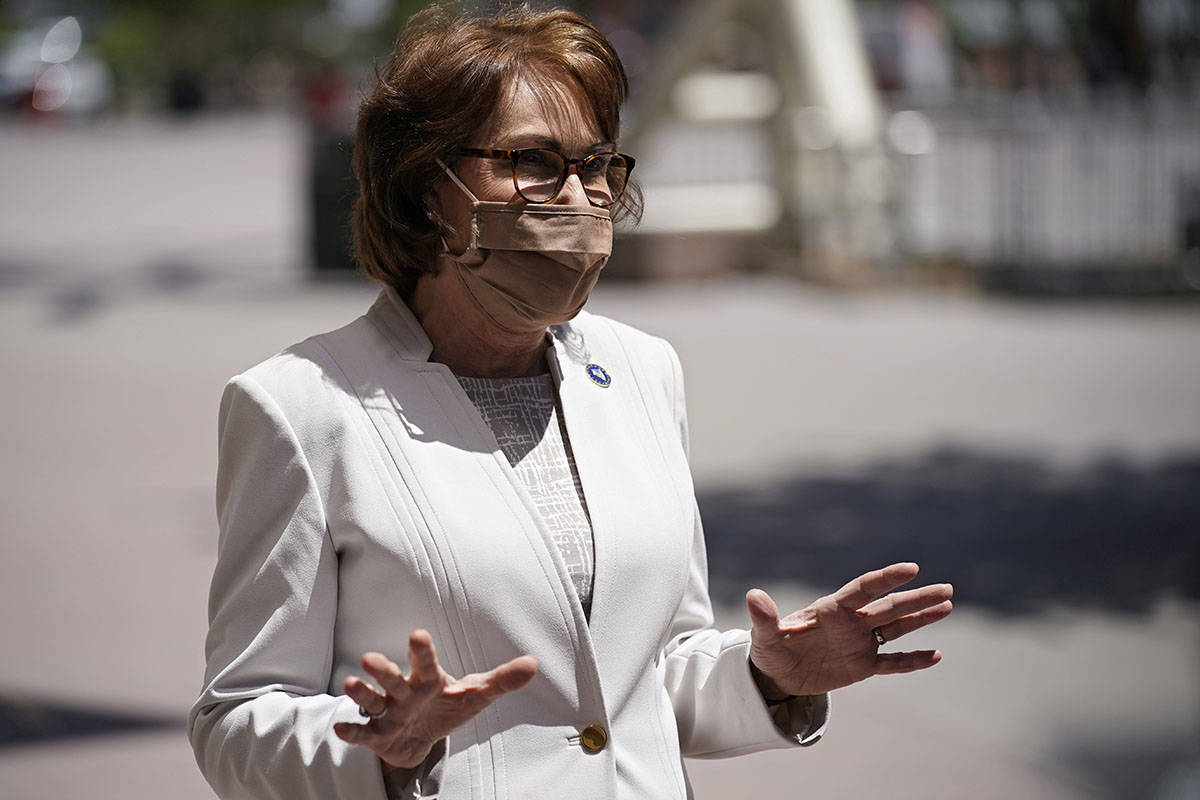 U.S> Sen. Jacky Rosen, D-Nev., speaks during a tour of T-Mobile Arena, Tuesday, May 4, 2021, in ...