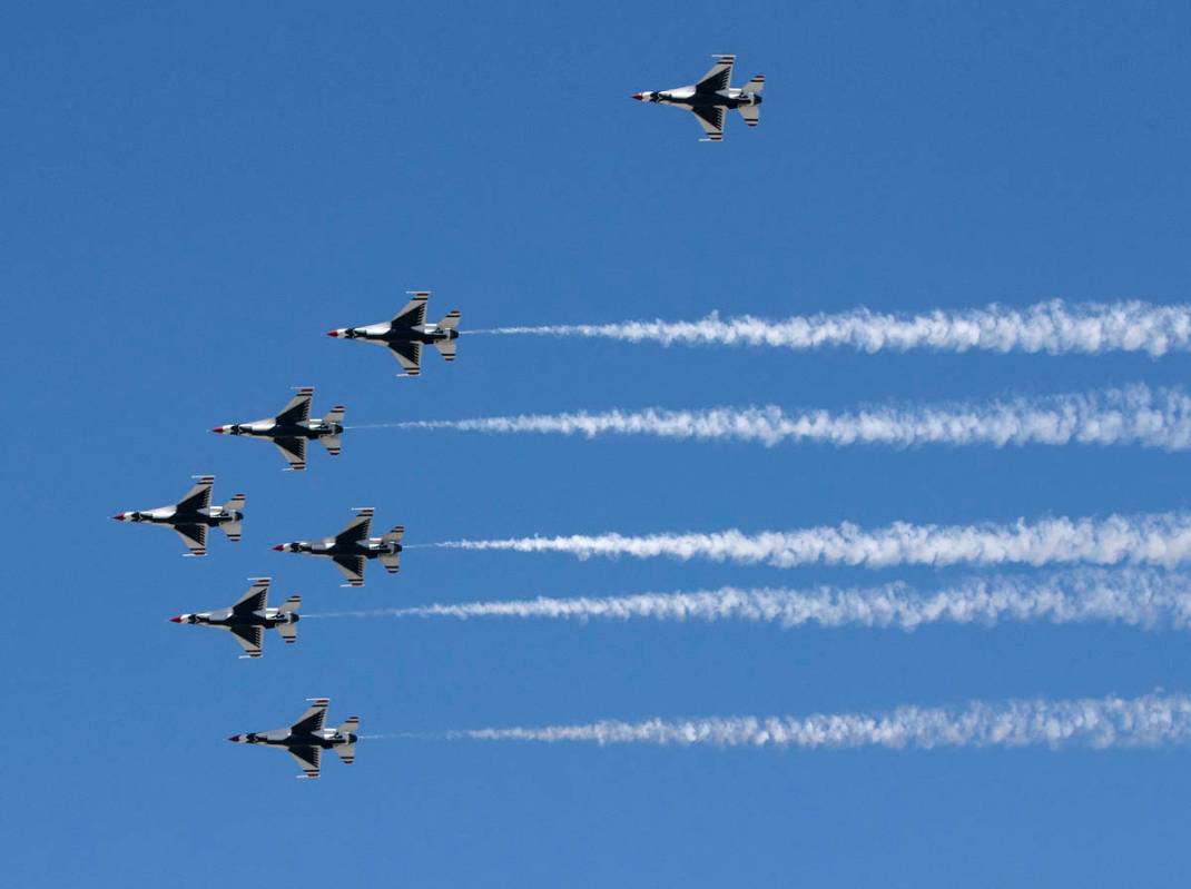 The Thunderbirds fly over Las Vegas on Monday, April 19, 2021. The team flew back to Nellis Air ...