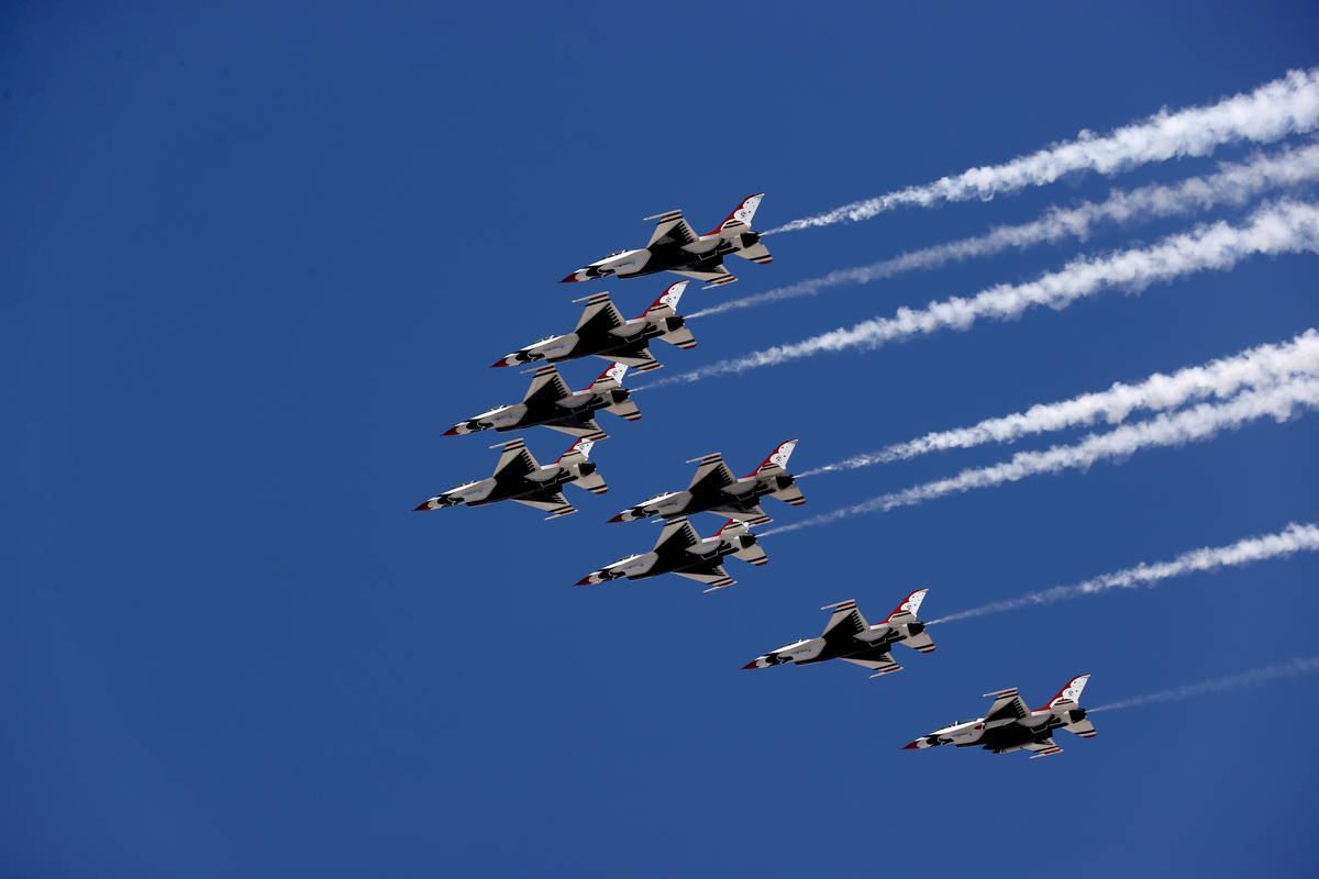 United States Air Force Thunderbirds fly over the Las Vegas Strip, April 19, 2021. The air demo ...