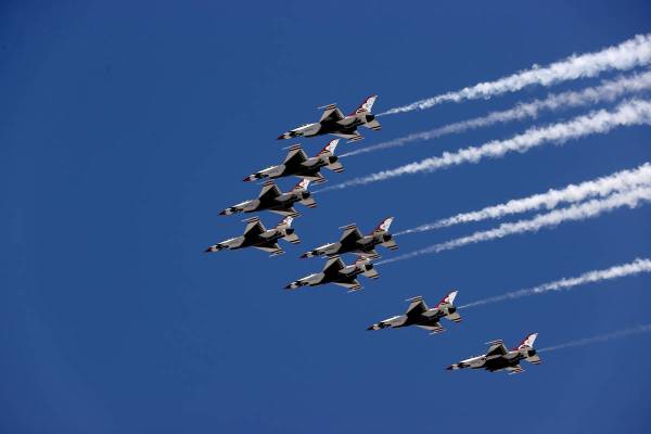 United States Air Force Thunderbirds fly over the Las Vegas Strip, April 19, 2021. The air demo ...