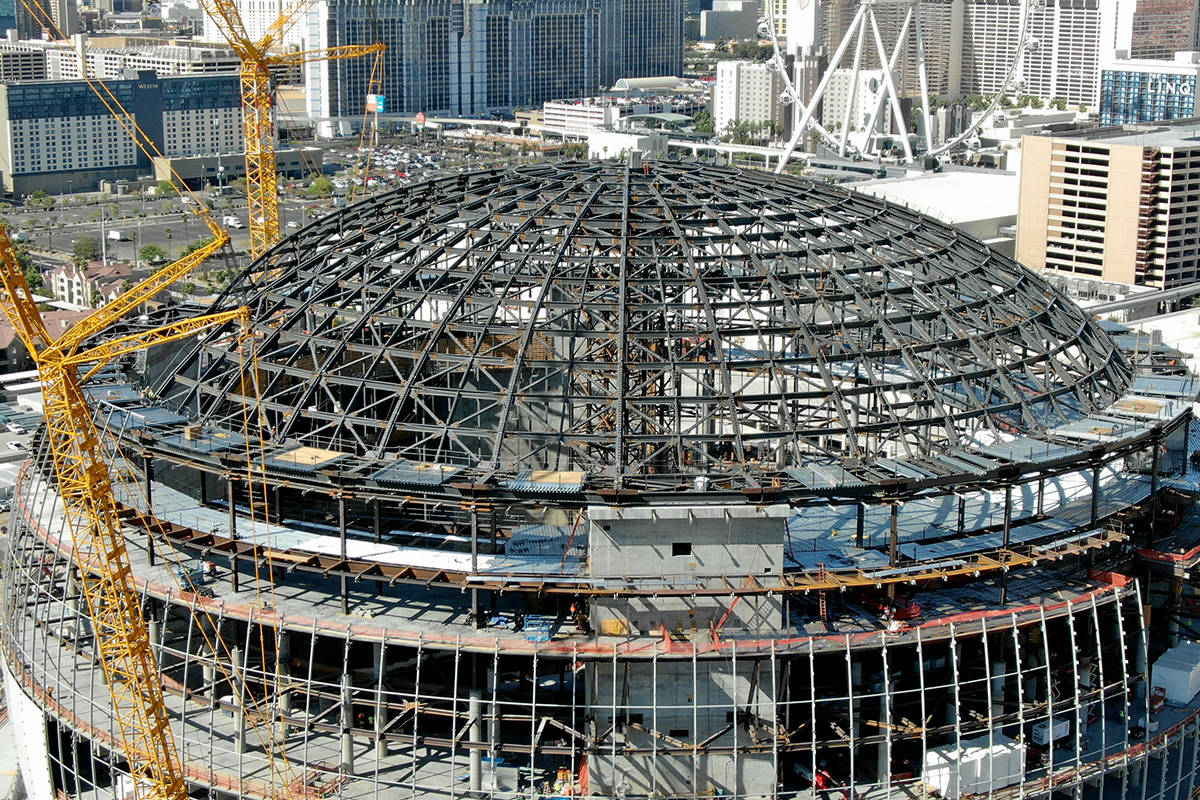 An aerial photo of the MSG Sphere at the Venetian as the structure begins to take shape with th ...