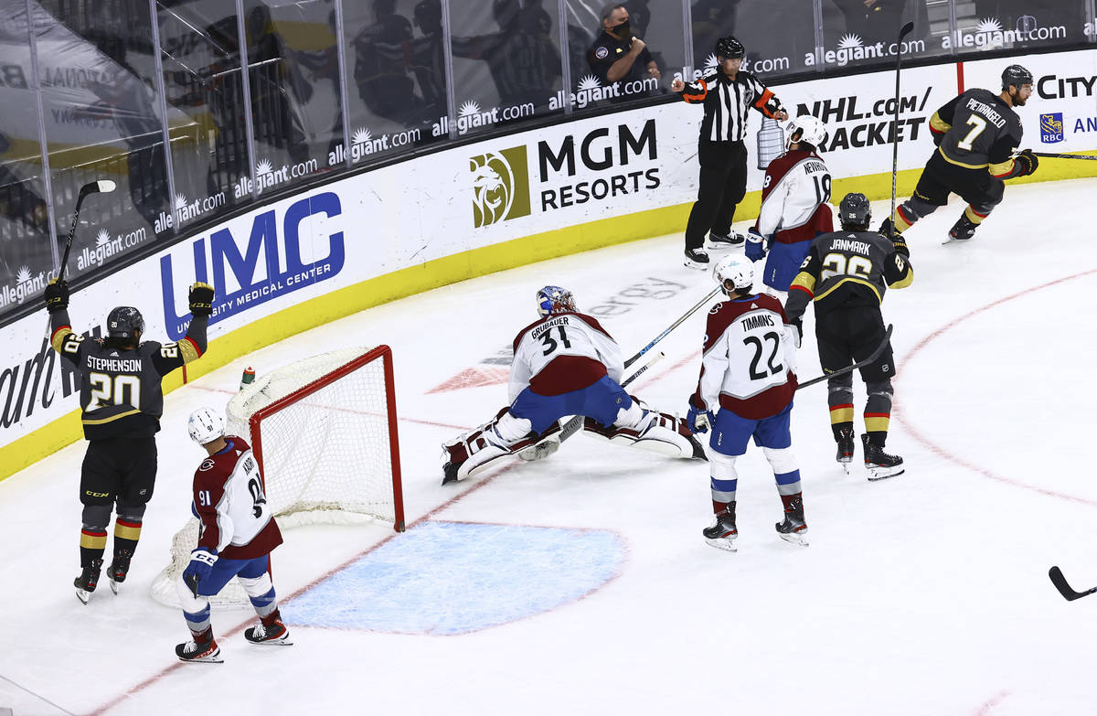 Golden Knights' Alex Pietrangelo (7) and Chandler Stephenson (20) celebrate after Pietrangelo&# ...