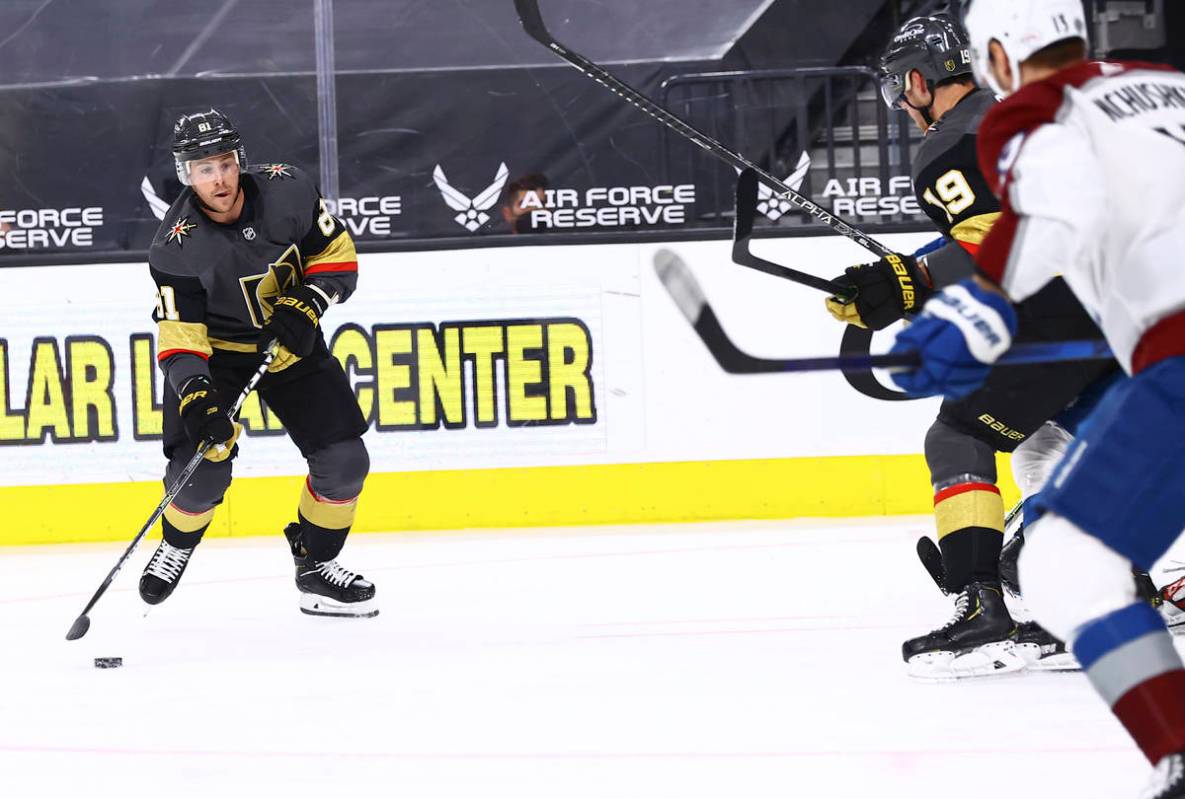 Golden Knights' Jonathan Marchessault (81) looks to shoot against Colorado Avalanche during the ...