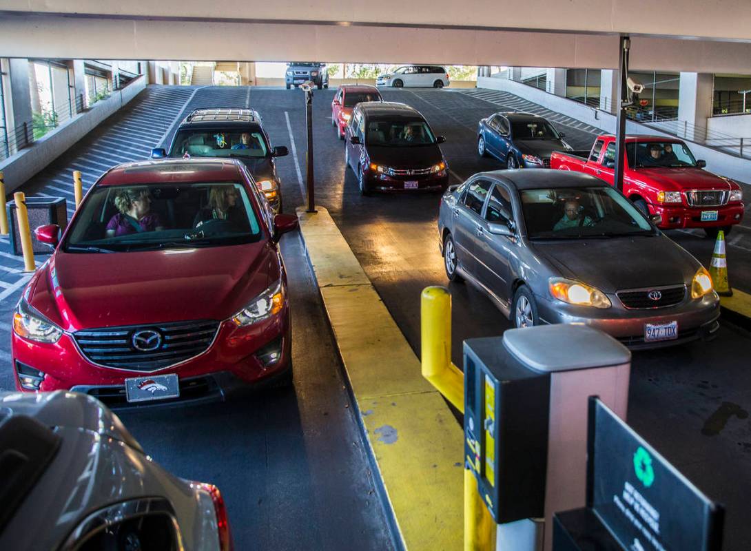 Cars line up to pay for parking at MGM Grand on Thursday, May 16, 2019, in Las Vegas. (Las Vega ...