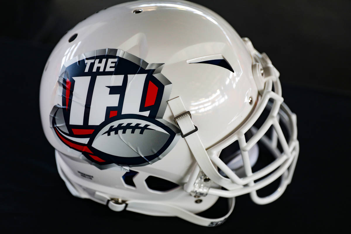 A helmet with the Indoor Football League logo at an event to announce that the Golden Knights h ...