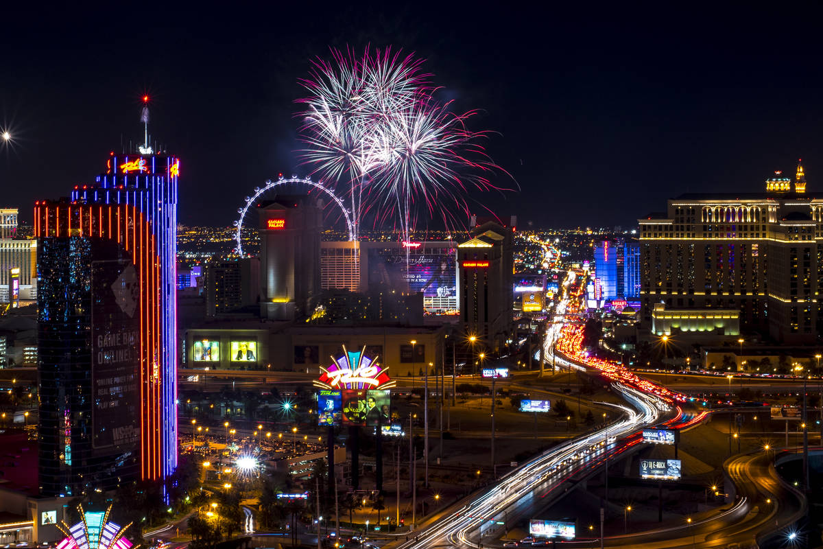Fireworks explode over the Strip in Las Vegas as seen from ghostbar at the Palms hotel-casino o ...
