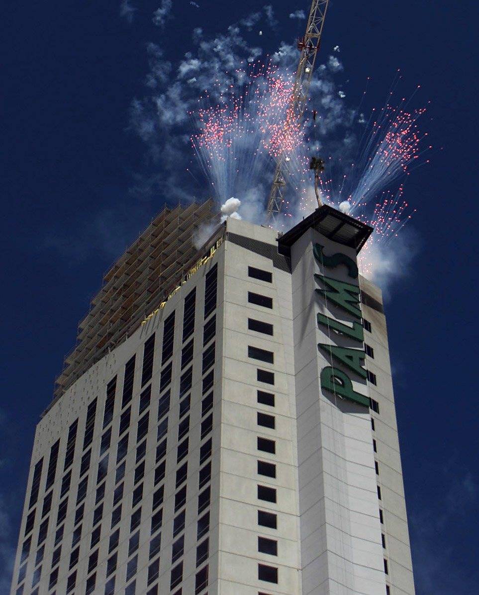 Fireworks blast from the Palms Casino Hotel Las Vegas during the topping off ceremony. (Las Ve ...