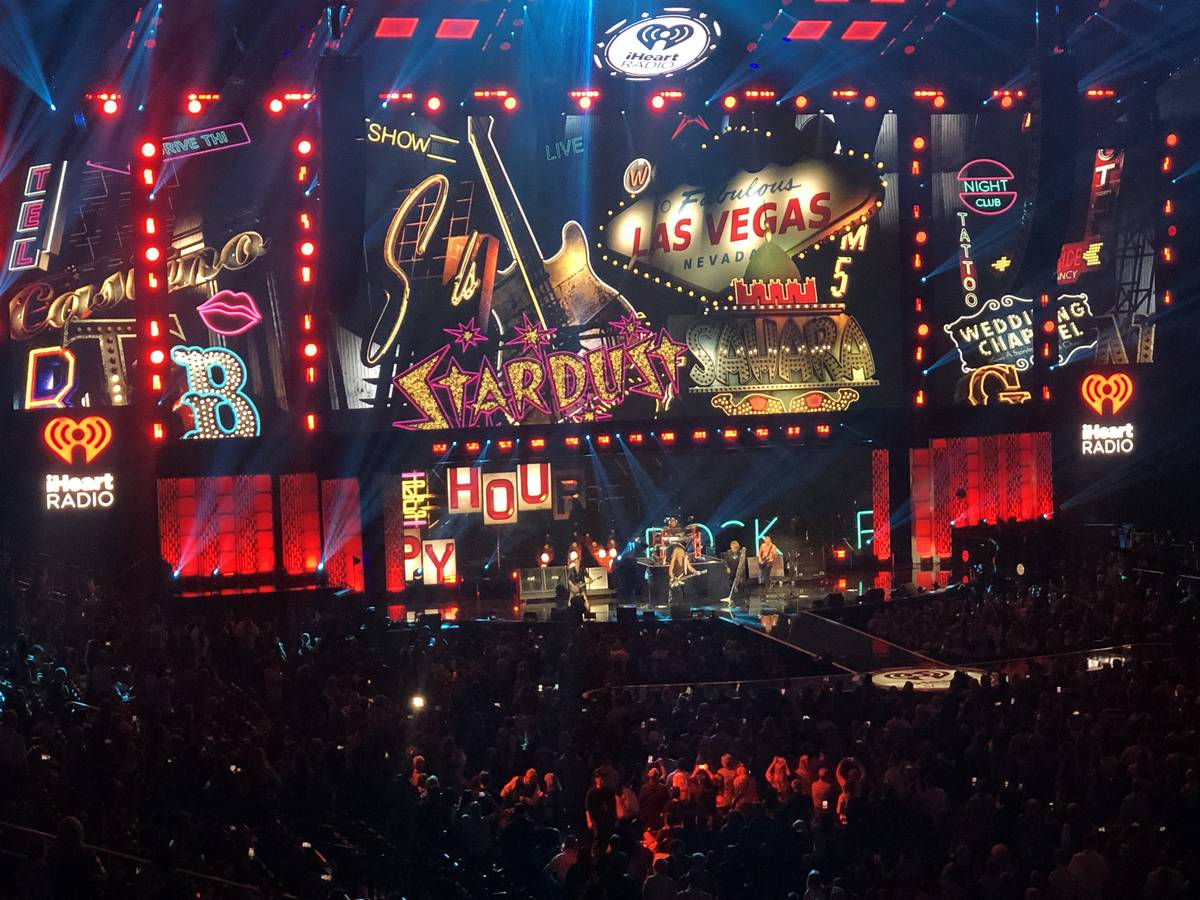 Def Leppard's stage set is shown at iHeartRadio Music Festival at T-Mobile Arena in Las Vegas, ...
