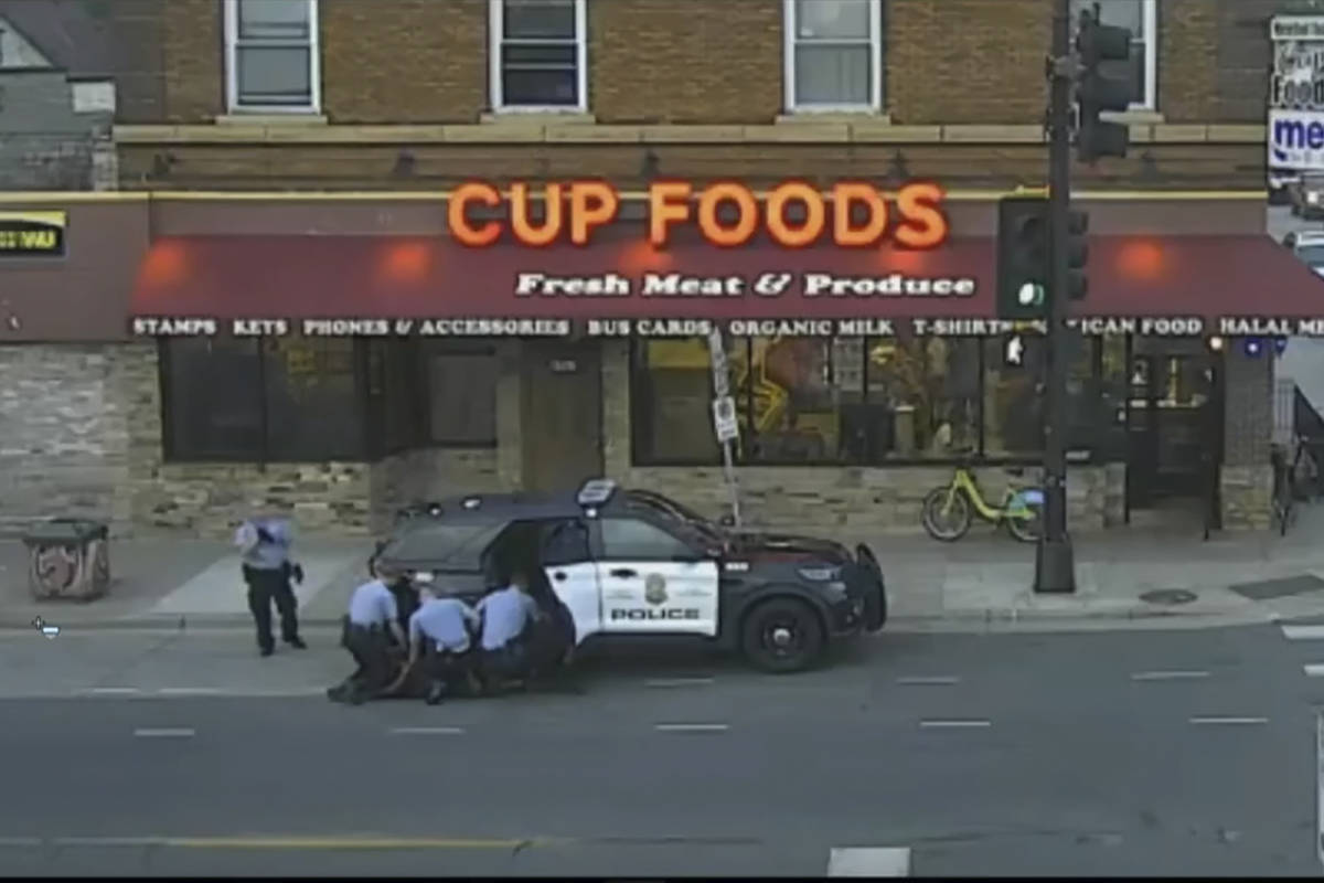 In this May 25, 2020 file image from surveillance video, Minneapolis police Officers from left, ...