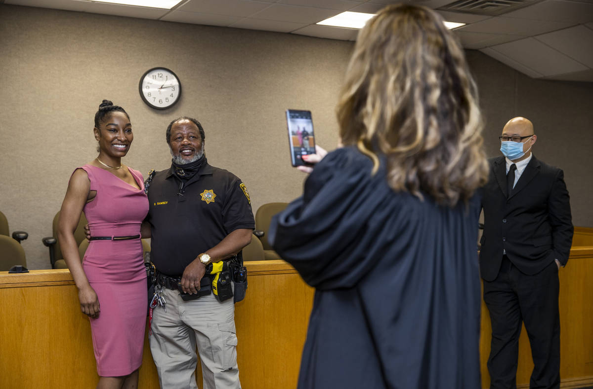 Dominique Bosa-Edwards, left, a former District Court marshal, who passed the Nevada State Bar ...