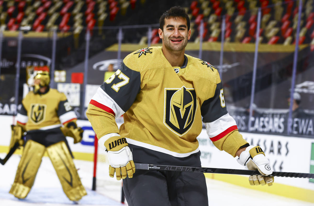 Golden Knights left wing Max Pacioretty (67) warms up before an NHL hockey game at T-Mobile Are ...