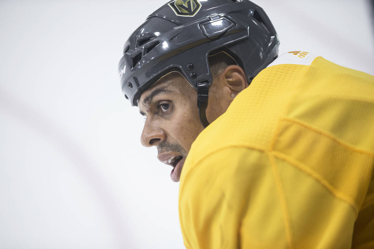 Golden Knights Ryan Reaves takes a breather during practice on Wednesday, Oct. 3, 2018, at City ...