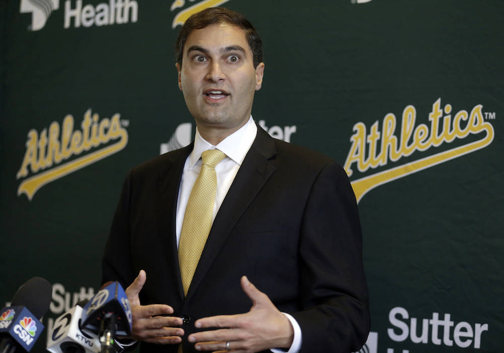 New Oakland Athletics President David Kaval gestures during a media conference on Thursday, Nov ...