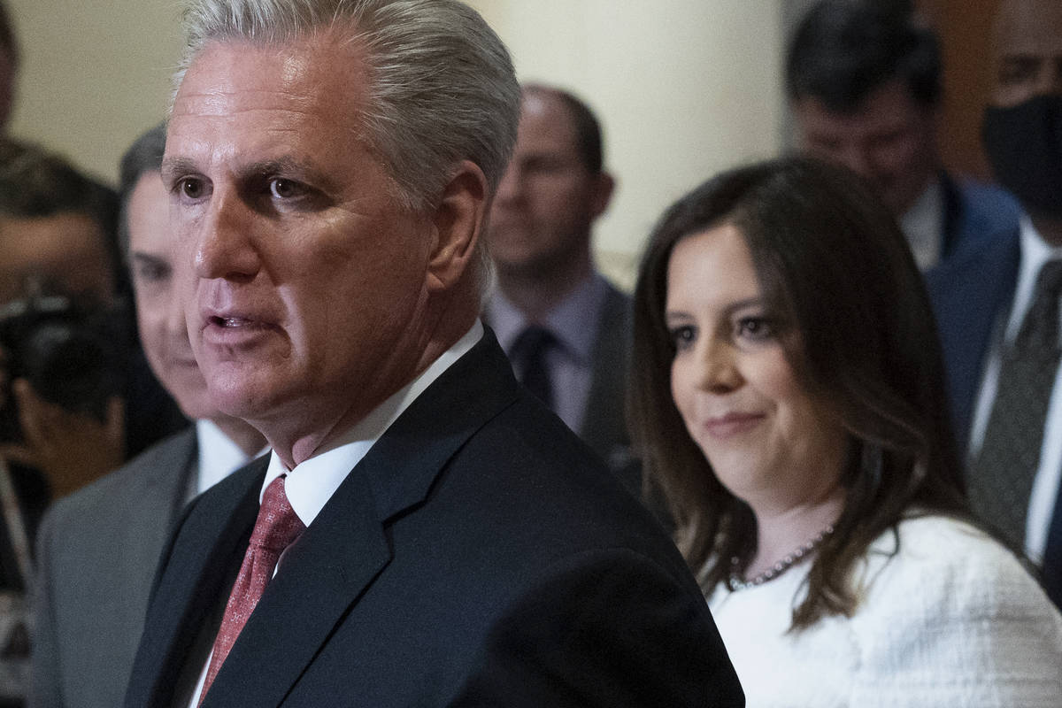 House Minority Leader Kevin McCarthy of Calif., speaks with reporters, joined by newly-elected ...