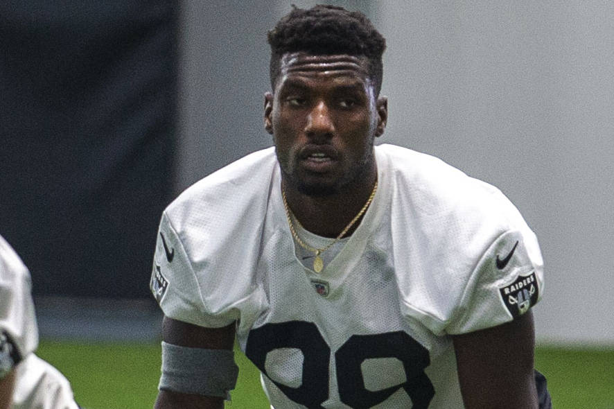 Las Vegas Raiders wide receiver Bryan Edwards (89) stretches during a practice session at the I ...