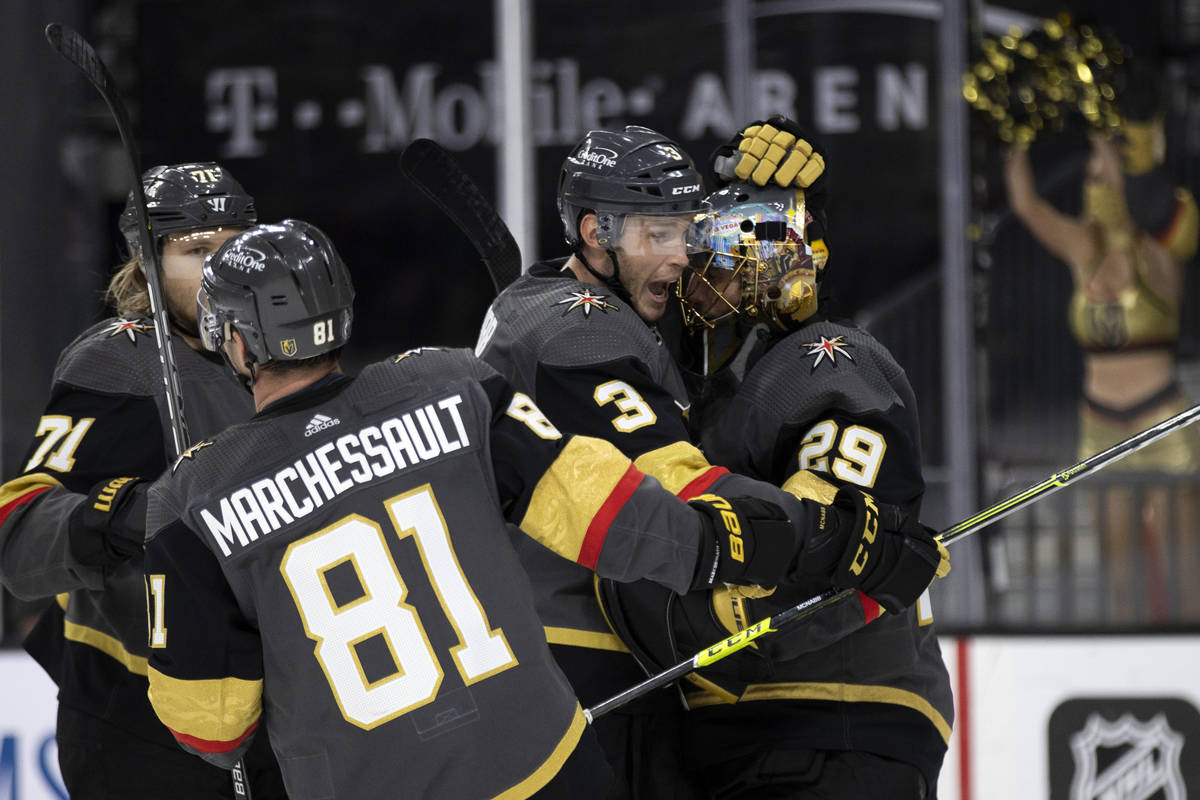 Golden Knights center William Karlsson (71), center Jonathan Marchessault (81), defenseman Bray ...