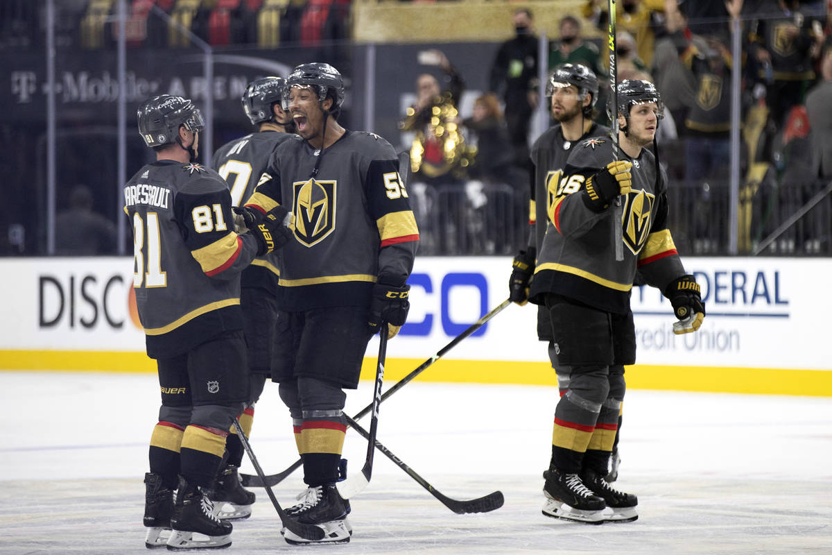 The Golden Knights, including Golden Knights right wing Keegan Kolesar (55) and center Jonathan ...