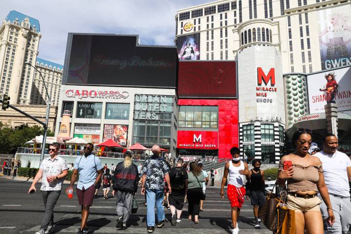 Visitors walk the Strip in Las Vegas, Tuesday, May 25, 2021. (Rachel Aston/Las Vegas Review-Jou ...