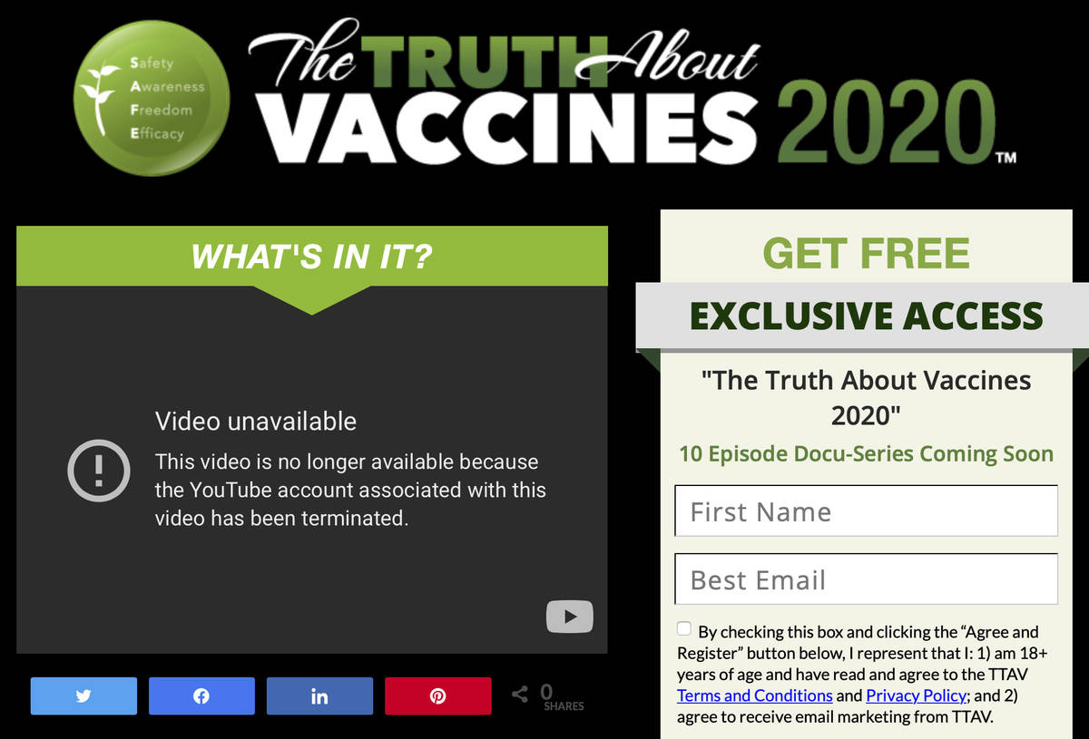 This Wednesday, May 19, 2021 image made from The Truth About Vaccines website, run by Ty and Ch ...