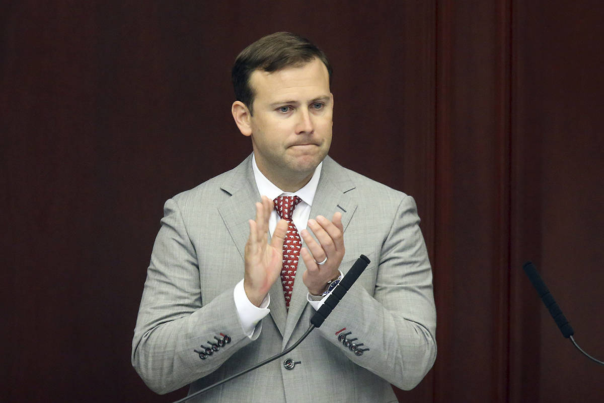 Florida House speaker Chris Sprowls, R-Palm Harbor, applauds the passage of Seminole gambling c ...