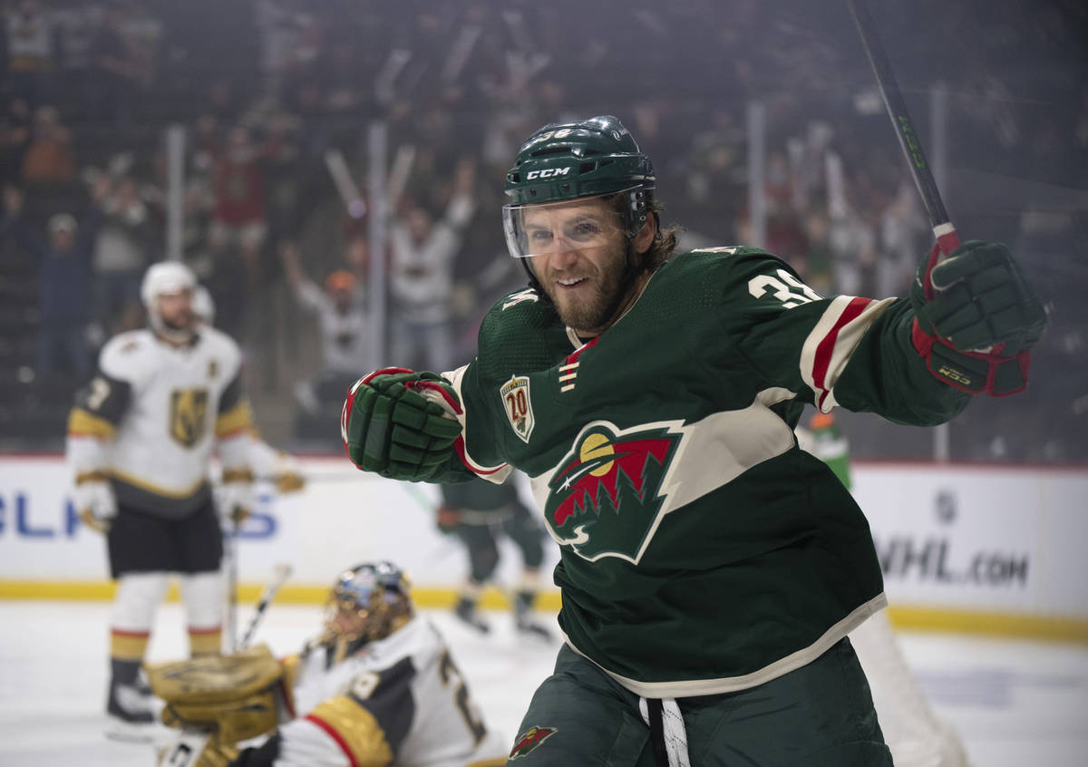 Minnesota Wild right wing Ryan Hartman celebrates his first-period goal against the Vegas Golde ...