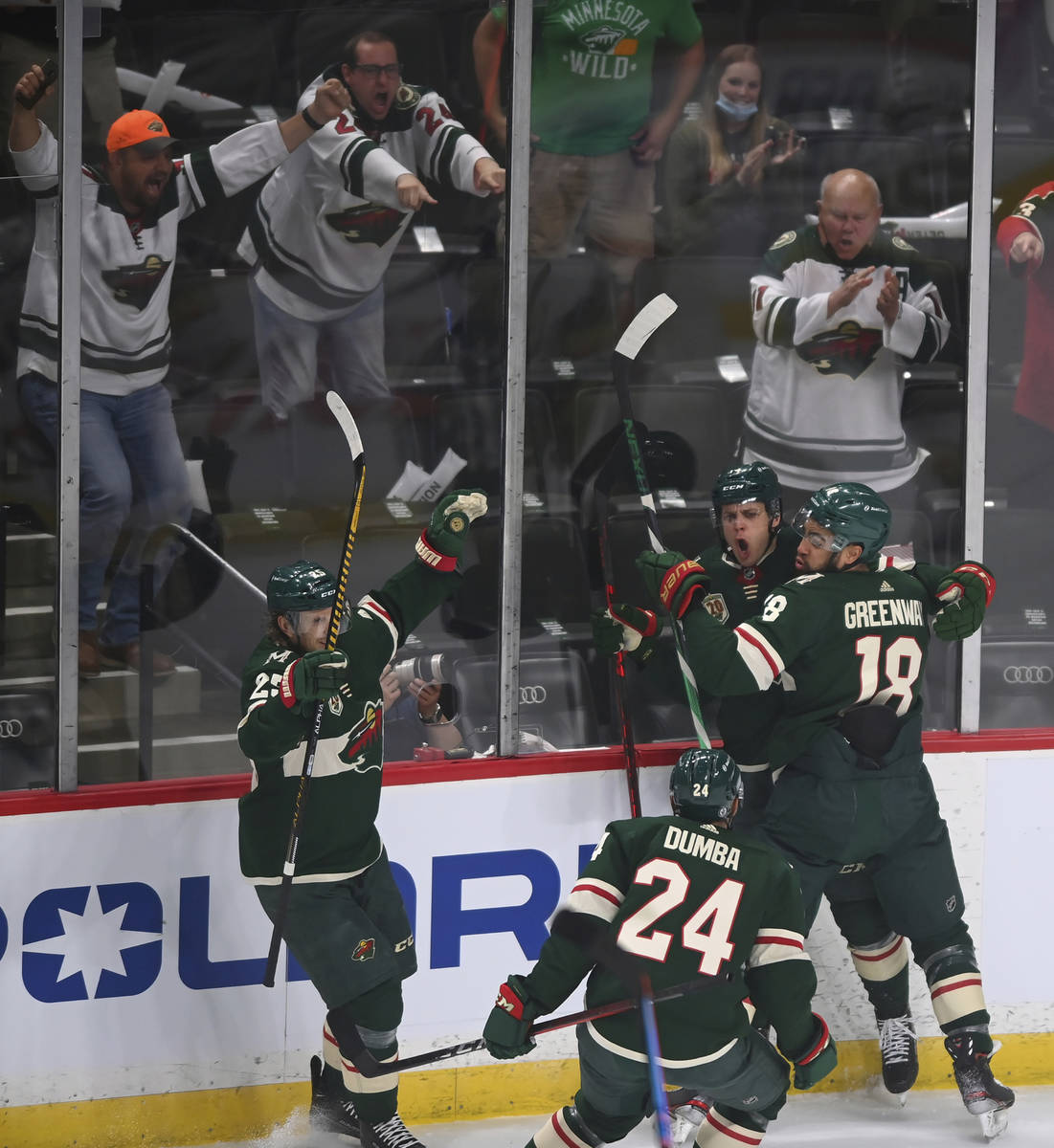 Minnesota Wild center Joel Eriksson Ek, second from right, celebrates his goal against the Vega ...