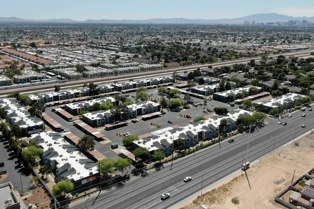 An aerial view of the Accent on Sahara apartment complex on Monday, April 19, 2021. (Michael Qu ...