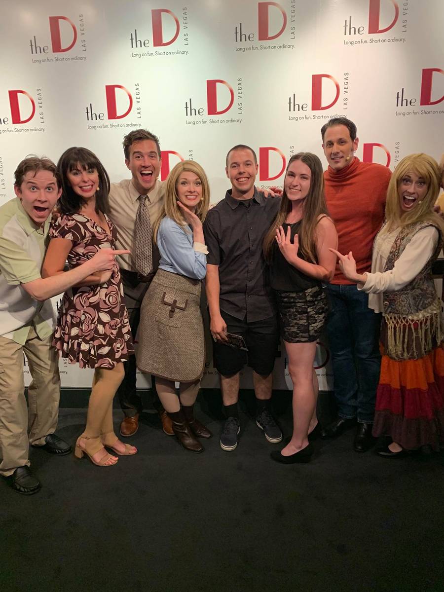 Kelsey Kost and Kaysen Winger are shown with the cast of "Friends! A Musical Parody" after Wing ...