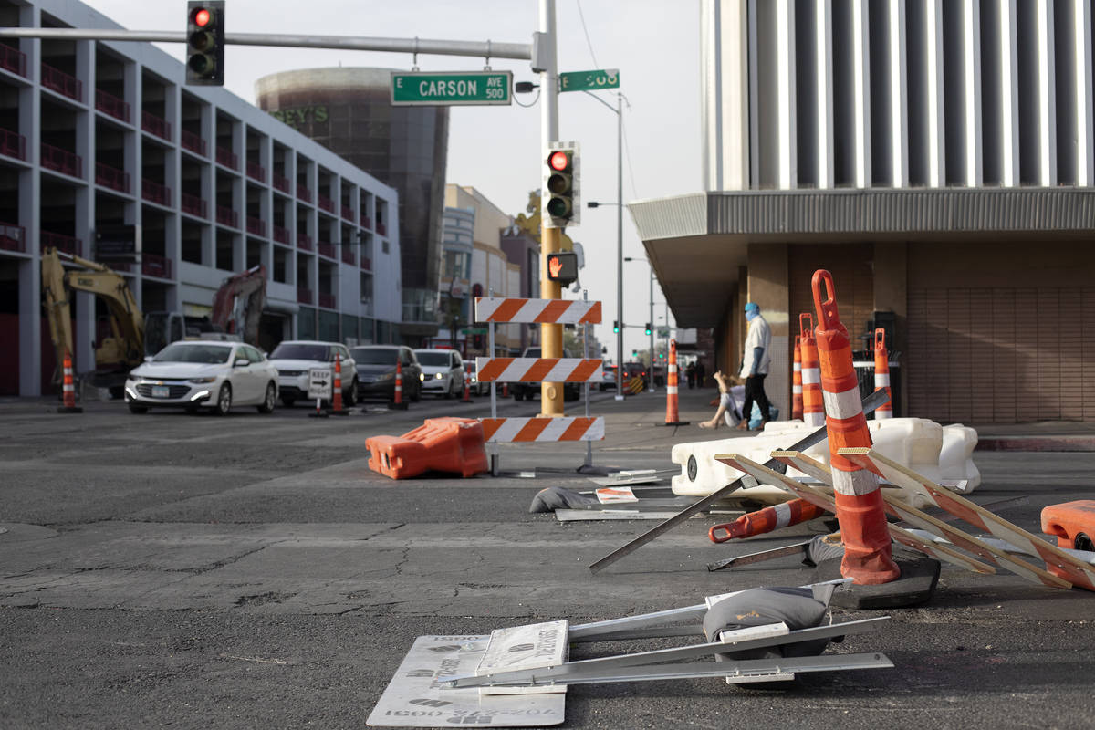 Wind knocked down construction signs on East Carson Avenue on Thursday, May 20, 2021, in Las Ve ...