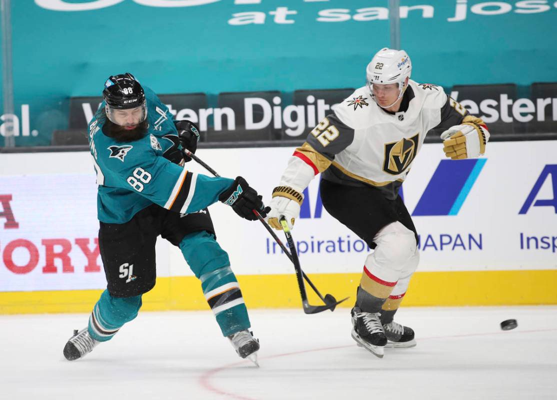 San Jose Sharks defenseman Brent Burns (88) shoots at the net against Vegas Golden Knights defe ...