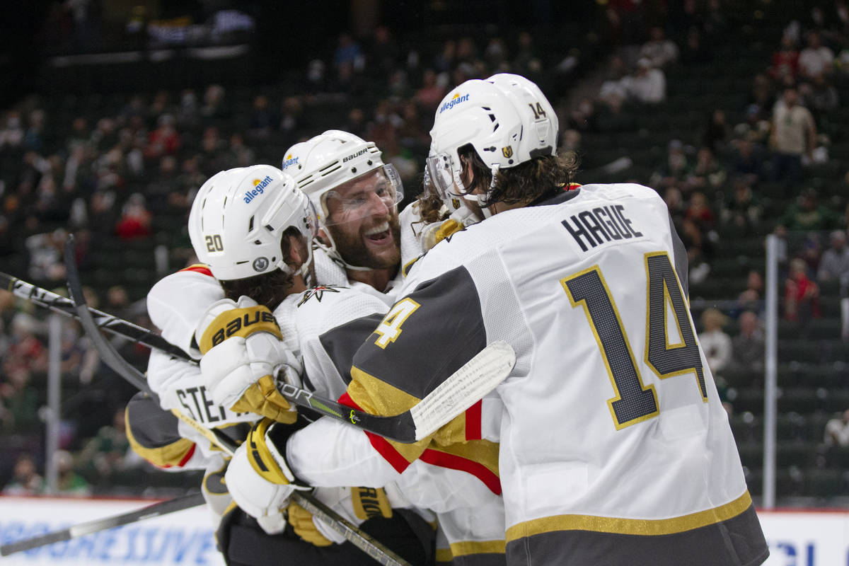 Vegas Golden Knights' Alex Pietrangelo (7), Chandler Stephenson (20), Nicolas Hague (14) and Ma ...