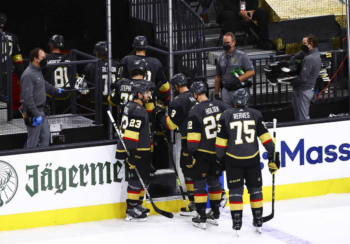 The Golden Knights skate off the ice after losing to the Minnesota Wild in Game 5 of a first-ro ...