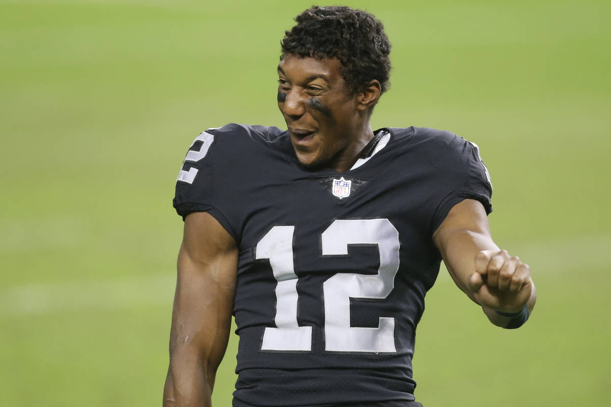 Las Vegas Raiders wide receiver Zay Jones (12) celebrates after the Las Vegas Raiders defeated ...