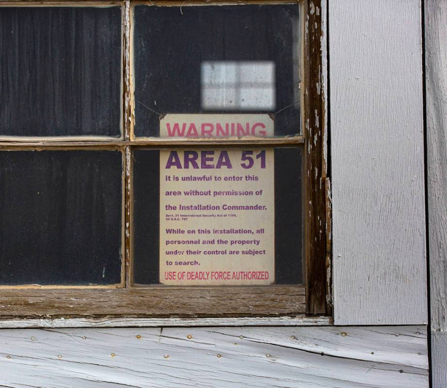 An Area 51 warning sign is seen during a tour of the Historic Wendover Airfield, a World War II ...