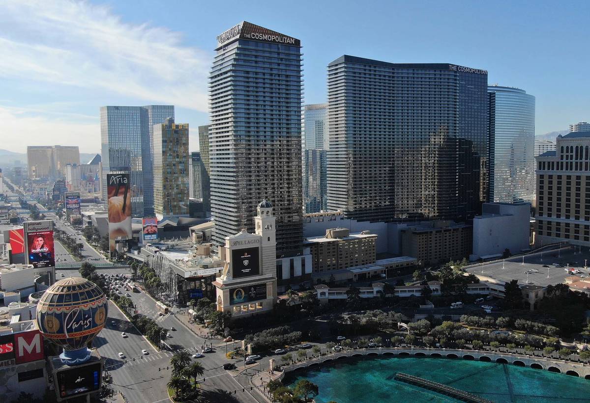 Aerial photo of the Cosmopolitan hotel casino as seen on Friday, January 24, 2020. (Michael Qui ...