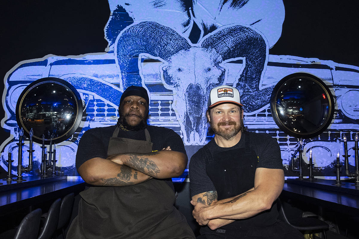 Orelle Young, left, and Joe Woodel, both BBQ pitmasters, pose for a photo at the Beast by Todd ...