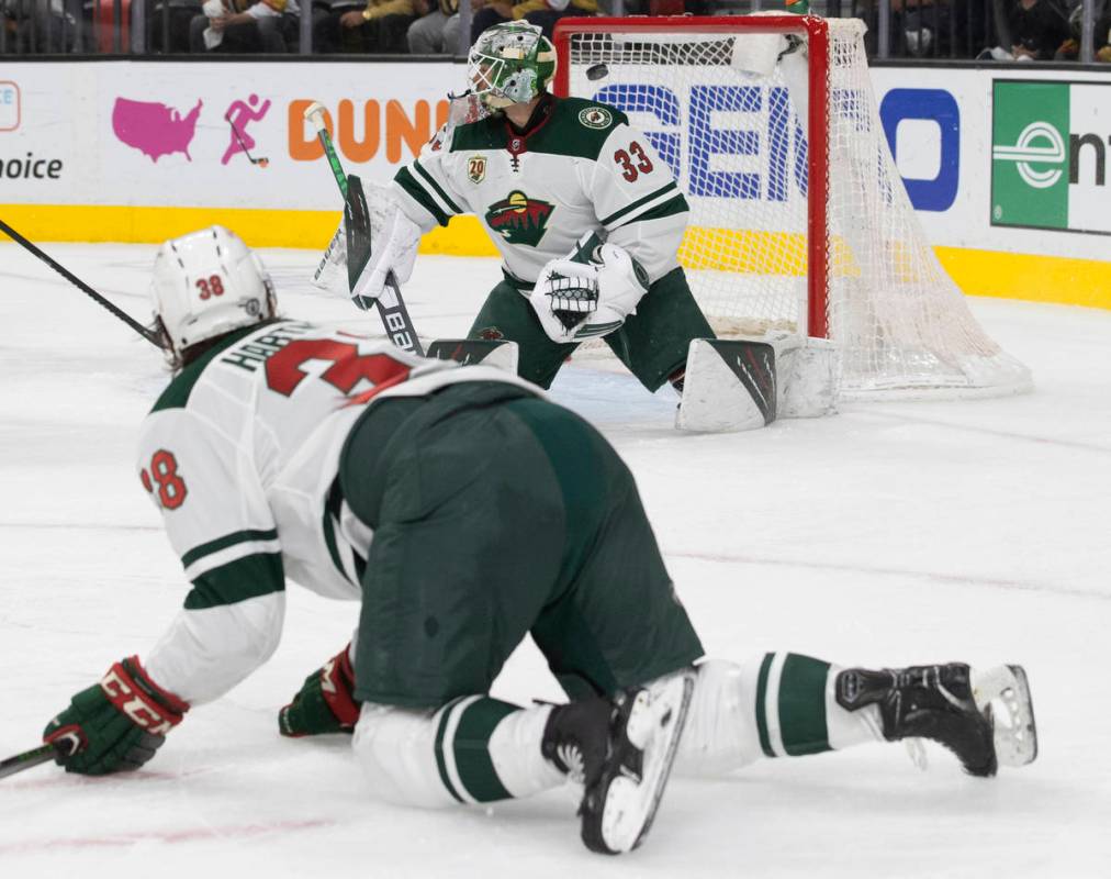 Minnesota Wild goaltender Cam Talbot (33) gives up a goal to Vegas Golden Knights defenseman Za ...