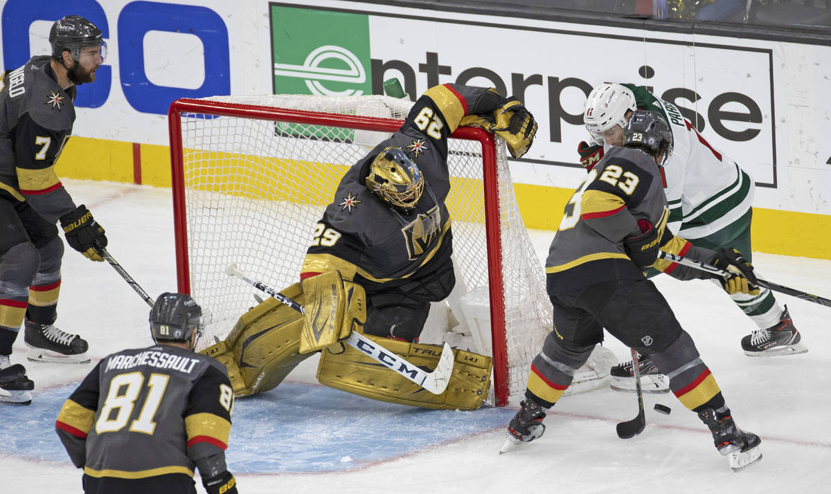 Vegas Golden Knights goaltender Marc-Andre Fleury (29) makes a save against Minnesota Wild left ...