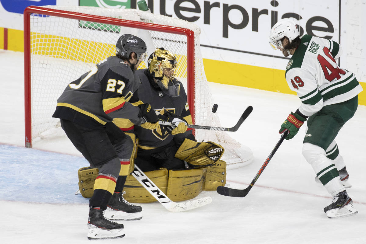 Vegas Golden Knights goaltender Marc-Andre Fleury (29) makes a save against Minnesota Wild cent ...