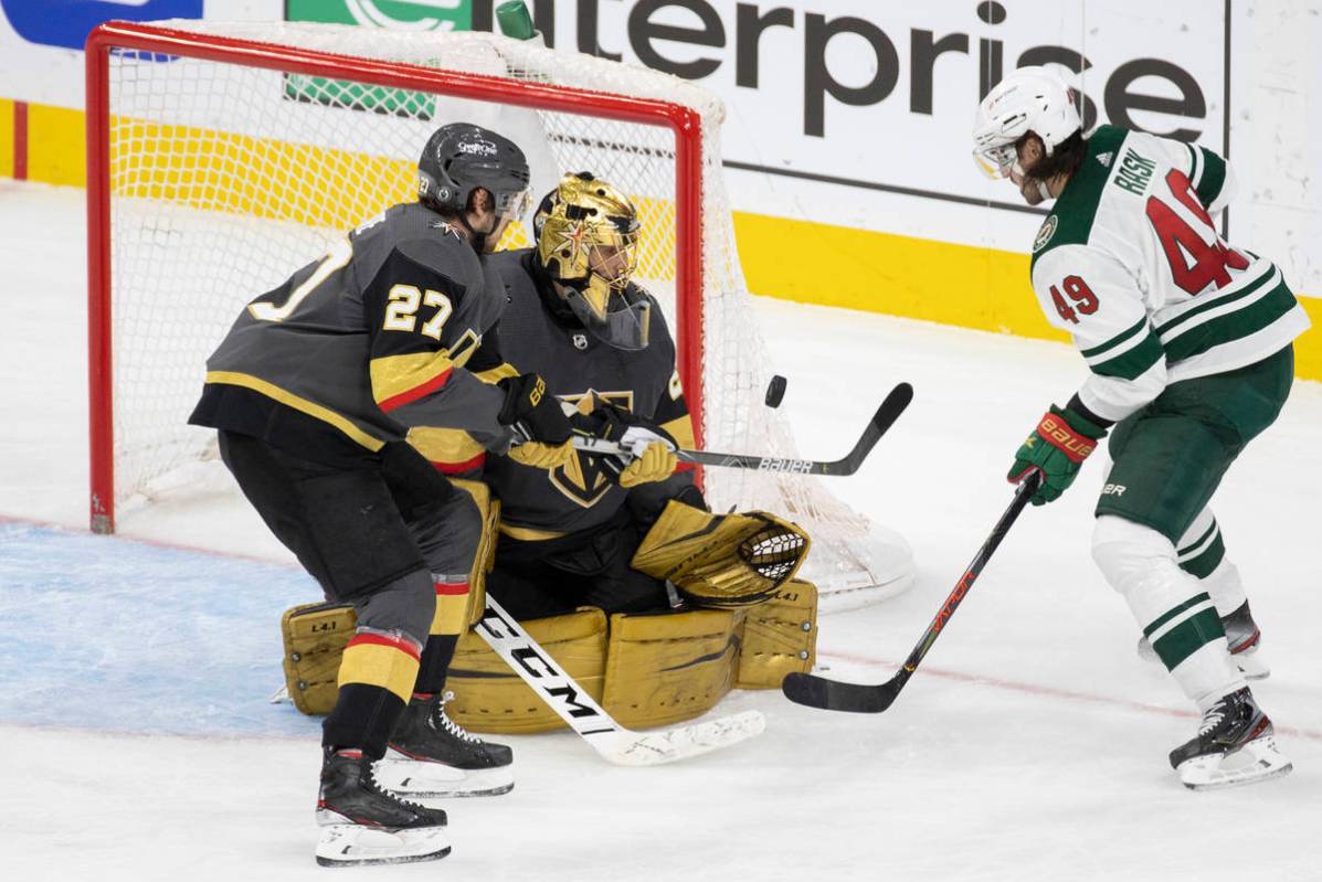 Vegas Golden Knights goaltender Marc-Andre Fleury (29) makes a save against Minnesota Wild cent ...