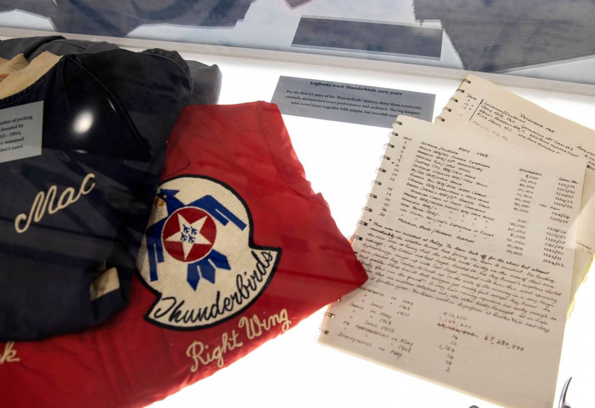 Thunderbirds pilots uniforms and flights logbooks are displayed at the Thunderbirds Museum at N ...