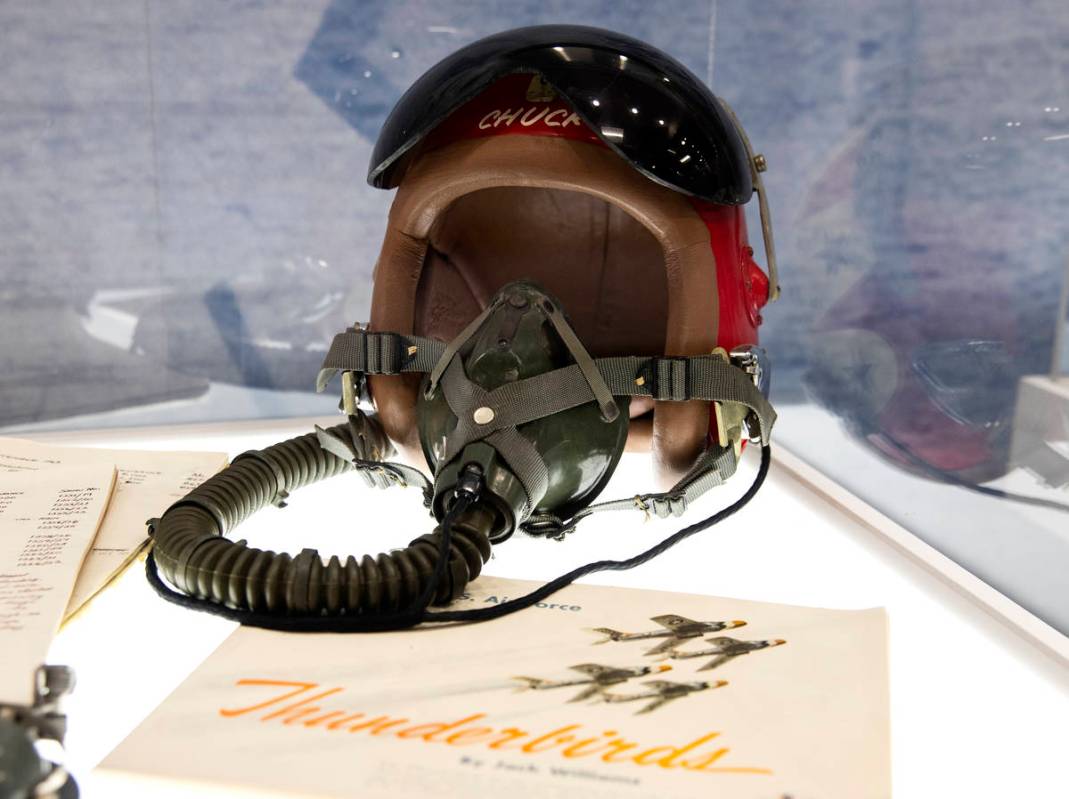 A Thunderbird pilot helmet is displayed at the Thunderbirds Museum at Nellis Air Force Base in ...
