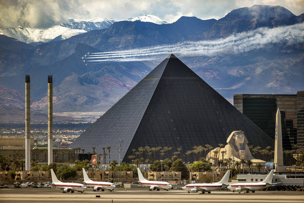 The Thunderbirds fly near the Las Vegas Strip, close to the Luxor, in honor of frontline COVID- ...