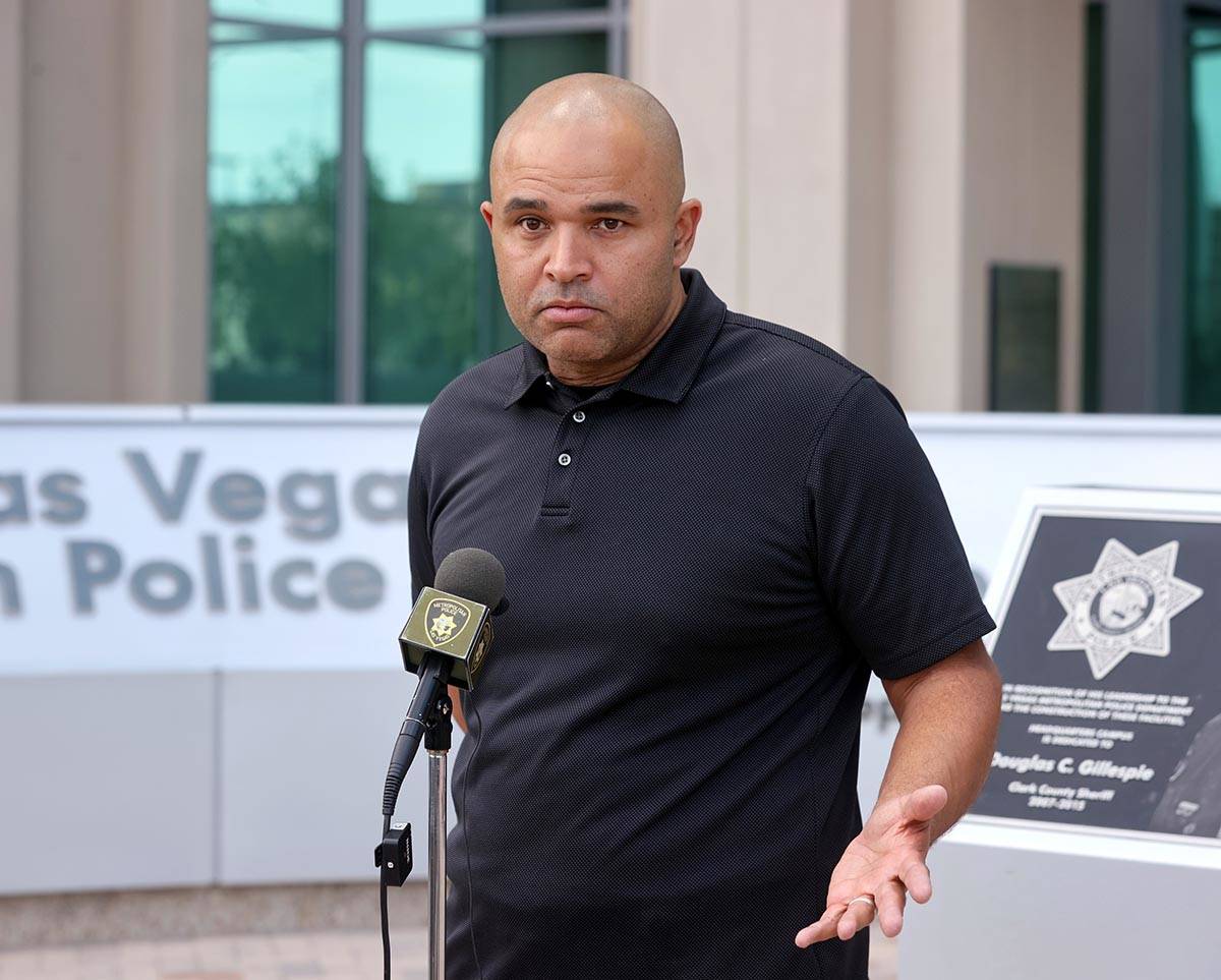 Las Vegas police Homicide Lt. Ray Spencer updates the news media Saturday, May 29, 2021, in the ...