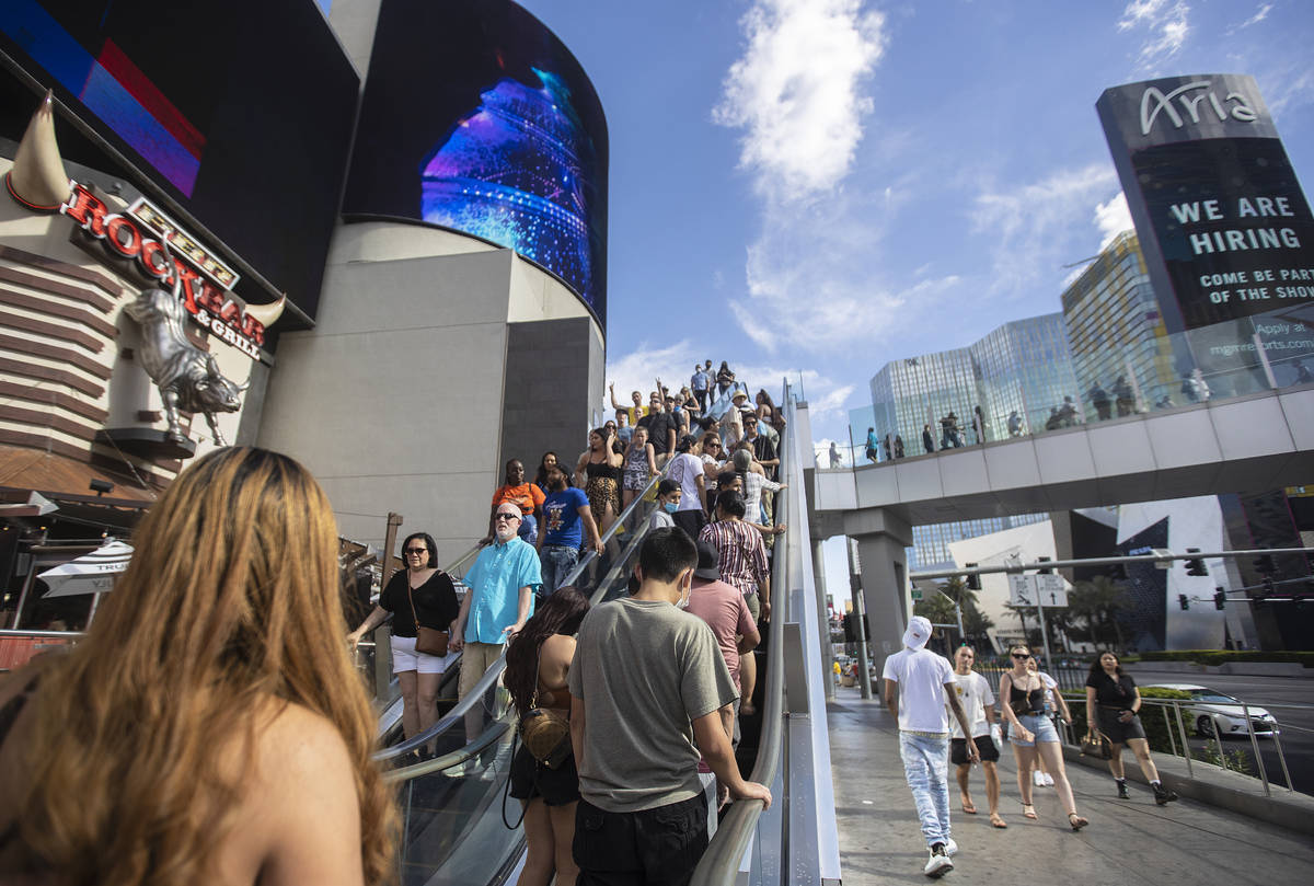 The Strip is packed during Memorial Day weekend on Saturday, May 29, 2021, in Las Vegas. (Benja ...