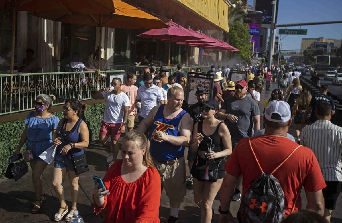 The Strip is packed during Memorial Day weekend on Saturday, May 29, 2021, in Las Vegas. (Benja ...